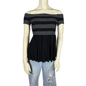 Bailey 44 Womens Blouse Shirt Top Off the Shoulder Black Babydoll Smocked Small
